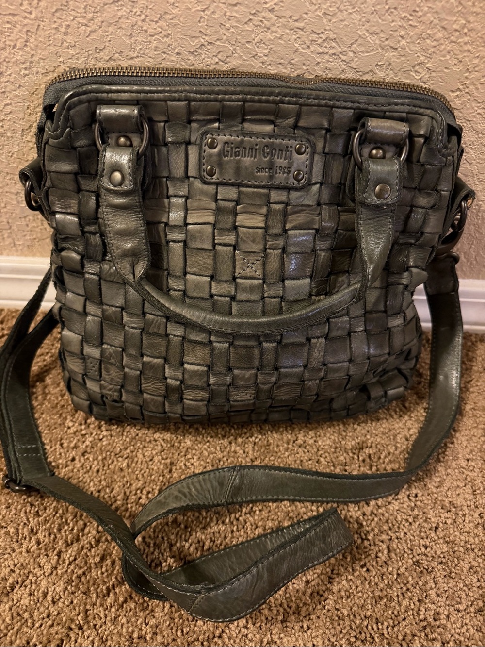 Gianni Conti Gray Woven Leather Crossbody Tote